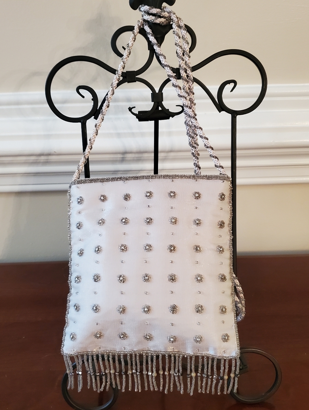 Vtg - La Regale - Silver White - Satin - Beaded Fringe Purse